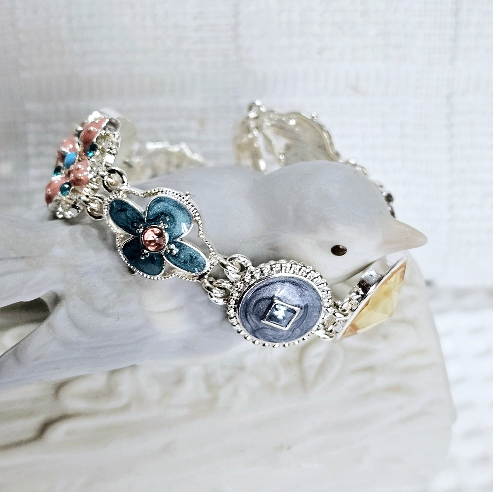 Napier Enamel and Crystal Station Bracelet with Toggle Clasp 7 1/4” - Picture 1 of 14